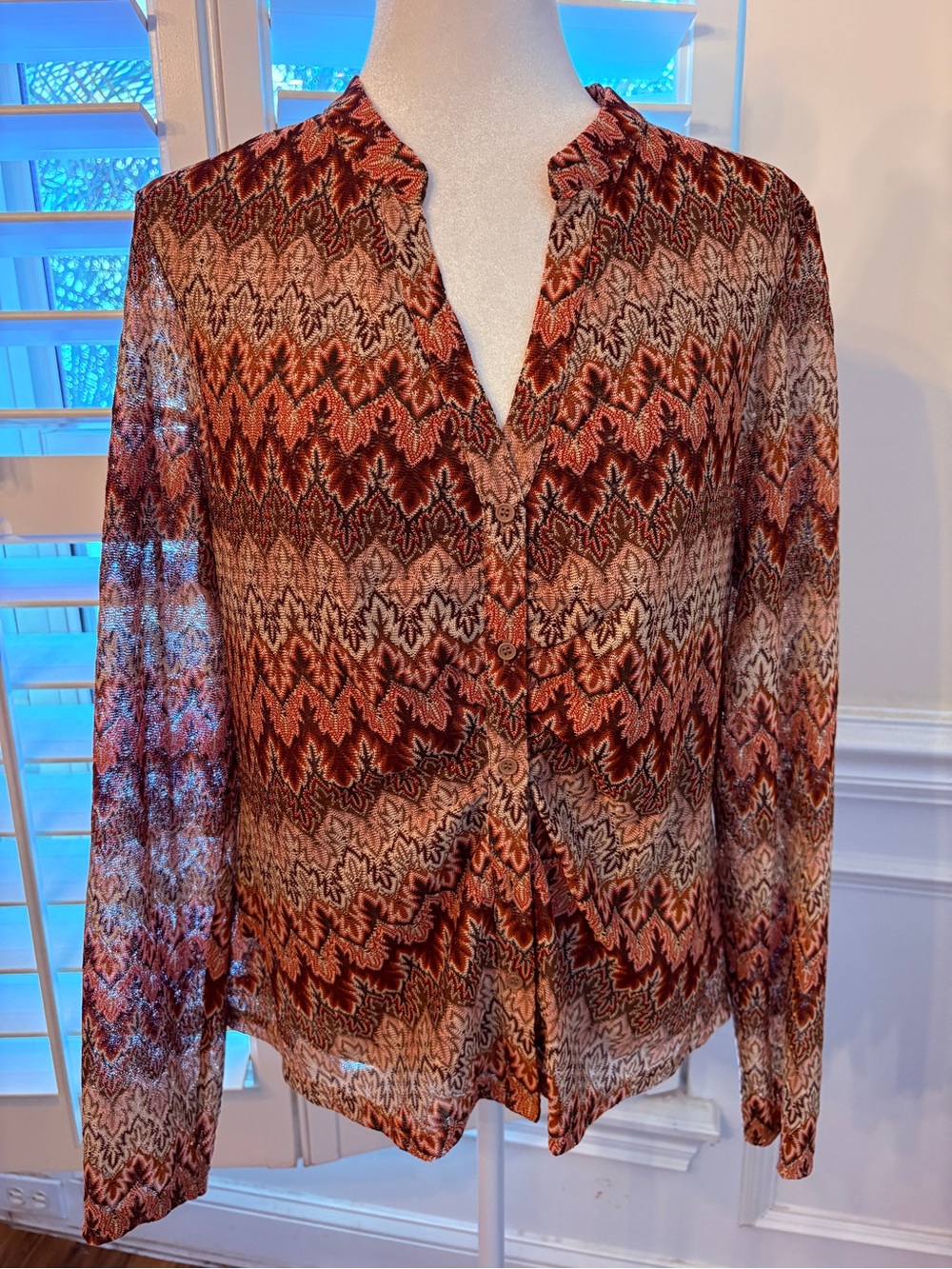 DR2 Rust Chevron-Print Button Front Blouse - Picture 2 of 11